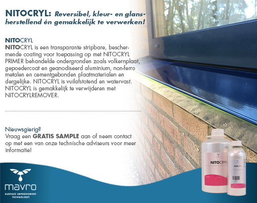 MAVRO_int's tweet photo. Duurzaam kleur en glans herstellen? Maak kennis met NITOCRYL; snel, eenvoudig én reversibel. Deze stripbare renovatiecoating is geschikt voor o.a. kunststof, aluminium en volkernbeplating. Nieuwsgierig en graag zelf testen? Vraag een gratis sample aan via https://t.co/0KEnNiEjdm. https://t.co/9fy0q7Y2fZ