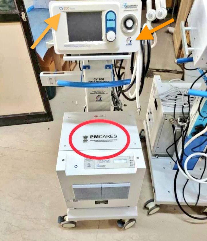 The PM CARES funded ventilator in the image being promoted by the BJP is a Skanray CV200 model.The arrows will show you the logos specifying the model (CV200) as well as the Skanray logo (pictured here)(2/7)