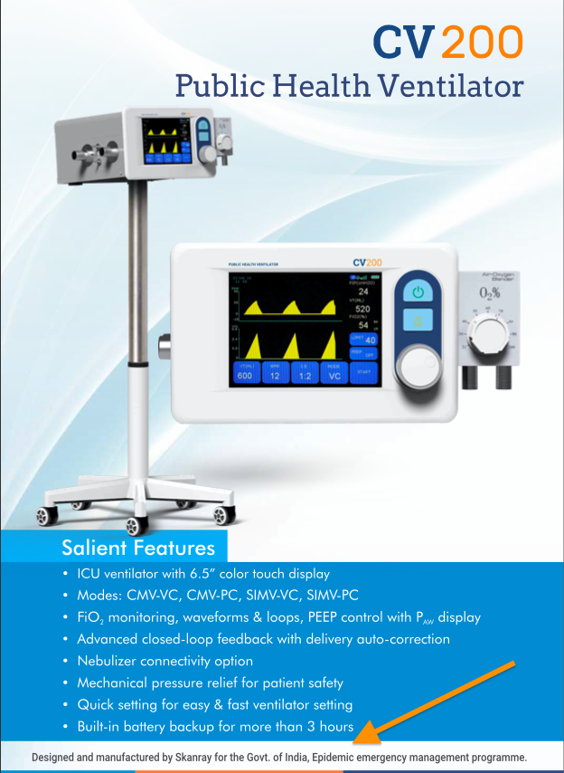 Now, here's a brochure for the Skanray CV200 ventilator allegedly procured through PM CARES.At the bottom, it states that these are produced for Govt of India Epidemic Emergency Program.Further, note that Skanray is also a licensed manufacturer for Philips Healthcare(3/7)