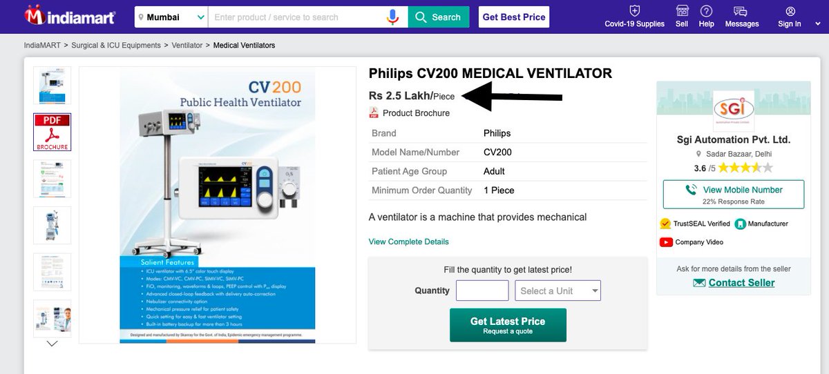 So basically, the original Philips CV200 model ventilator is being produced in India by Skanray - a Mysore based co.Now, let's check the market price of CV200 ventilator. On IndiaMart, it's sold at 2.5 lakhs/piece. This is the market price sans discount - 2.5 lakh(4/7)
