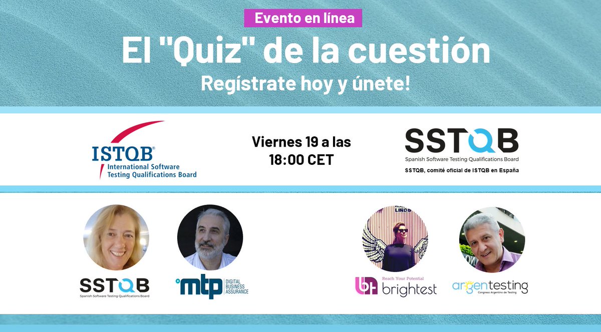 Únete a Luisa (<a href="/SSTQB_es/">SSTQB</a>) y Aurelio (<a href="/MtpDbaTraining/">Mtp DBA Training</a>) y diviértete mientras te preparas para tu examen #ISTQB #CTFL. Organizado por Emilie (<a href="/BrightestOrg/">Brightest</a>) y Gustavo (<a href="/argentesting/">argentesting</a>).  

Viernes, 19 junio, 2020 - 18:00 a 19:00 (España) - 13:00
Inscripción: lnkd.in/gabE_4g