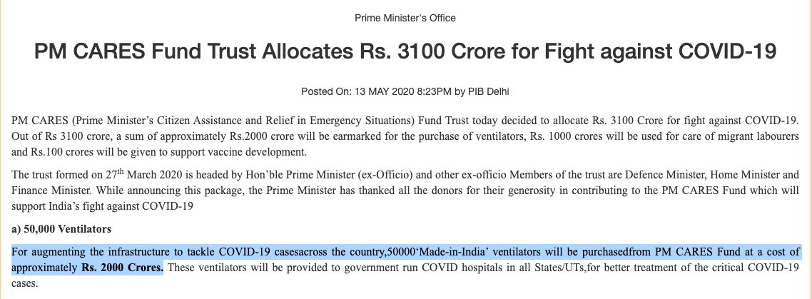 On 13th May, the PMO issued a press release stating that it's releasing 3100 crores from PM CARES Fund.Of these, it allotted 2000 crores for purchasing 50,000 "Make In India" ventilators.That comes to 4 lakhs per ventilator.(5/7)