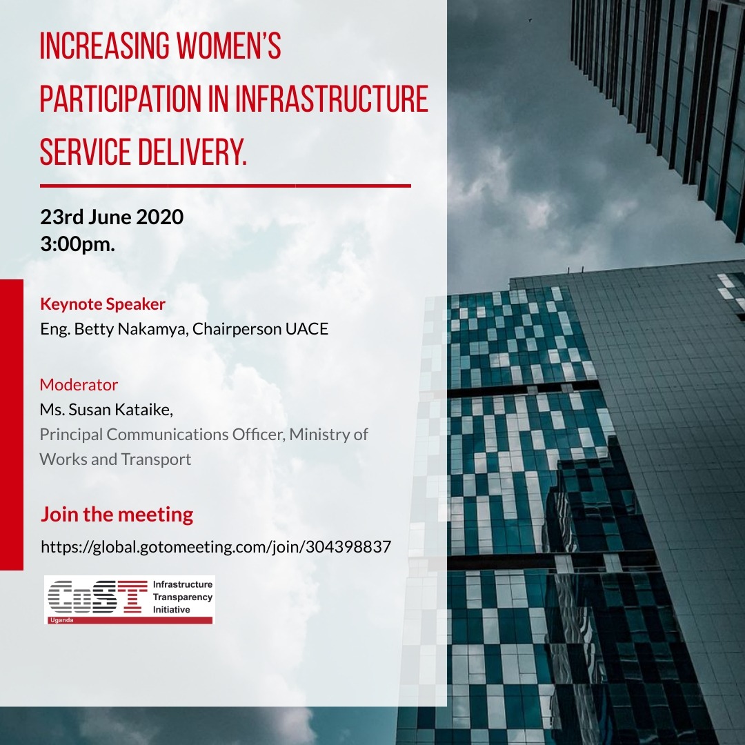 CostUgChapter's tweet image. Let&apos;s give the Women space to engage in #InfrastructureDelivery @UIPE_Uganda @UNRA_UG @sussiekats @AgwangJulie @MoWT_Uganda @KCCAUG @CoSTransparency @asiimireritah @PPDAUganda @JaneRuth_Aceng @UgandaRoadFund @fsnakazibwe @ainbyoo @kyamageroandrew @DianaAtwine @MoICT_Ug