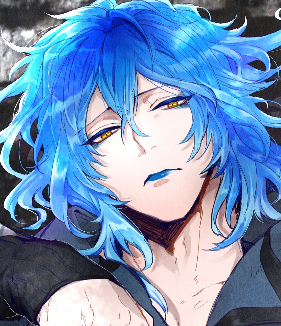 blue lips 1boy male focus blue hair makeup long hair solo  illustration images