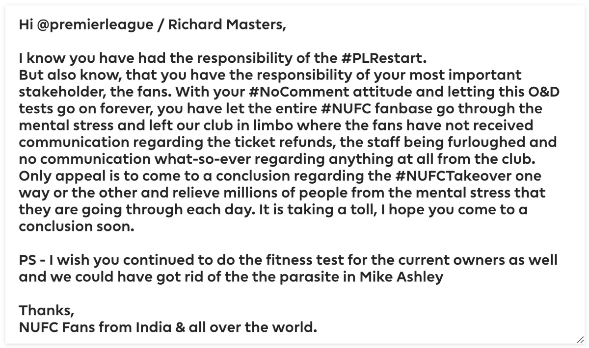 PitaliyaVaibhav's tweet photo. Letter to @premierleague #NUFC #NUFCTakeover @ToonArmyIndia #PLRestart #PIF #AshleyOut https://t.co/osd54bCxfP