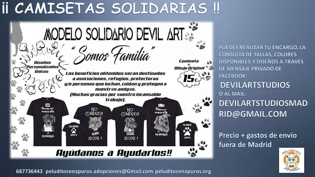 Camisetas personalizadas por <a href="/DevilArtStud/">Un conserje disidente</a>. Beneficios íntegros para la asociación 😻
#camisetapersonalizada #camisetasolidaria #somosfamilia #peluditos #devilartstudios #peludtiosenapuros