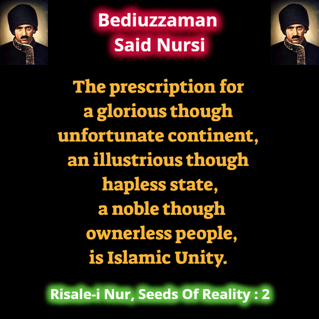 CollectionNursi's tweet photo. The prescription for a glorious though unfortunate continent, an illustrious though hapless state, a noble though ownerless people, is Islamic Unity. #SeedsOfReality https://t.co/WQdLdHJWlA