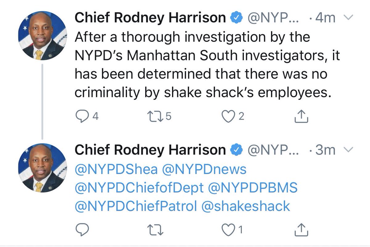 Just in: Rodney Harrison, the chief of The Detectives Bureau in the NYPD, says a “thorough investigation” has determined “that there was no criminality by Shake Shack’s employees.”Talk about timing...
