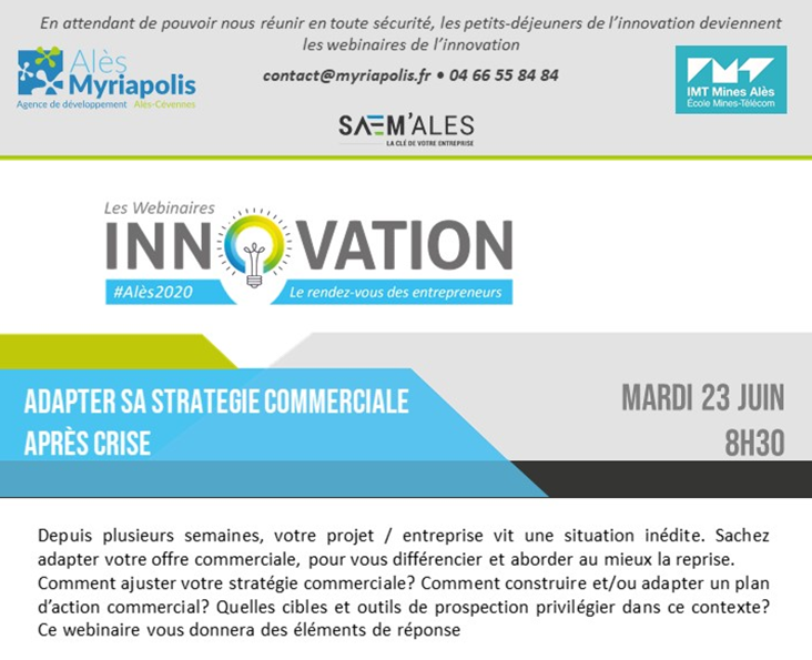 IncubMinesAles's tweet photo. ☕️ 📣 Comment ajuster sa stratégie commerciale après crise ? Quelles cibles et outils de prospection privilégier dans ce contexte?
Inscrivez-vous au #Webinaire du 23/06 animé par Cyril Molina - Sens du Commerce
👉https://t.co/wYI1wdwfaZ @AlesMyriapolis #ResOIP https://t.co/XJF8Gj0mGP