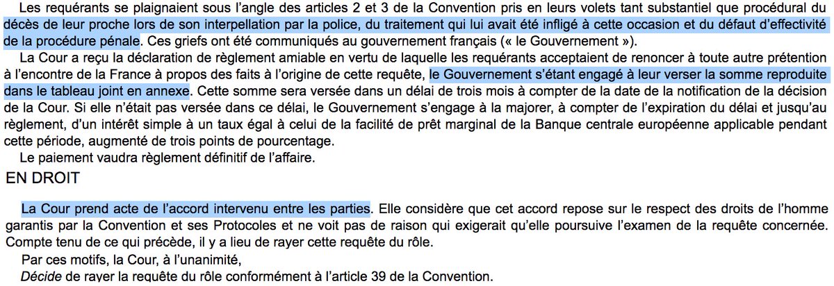 Violences policières : Pour éviter une condamnation par la #CEDH au sujet de la mort d'un homme lors d'une interpellation par la #police, la #France verse 145 000 € à sa famille.

Prenant acte du règlement amiable, la #CEDH met fin à l'affaire.

=> bit.ly/2C39hUD