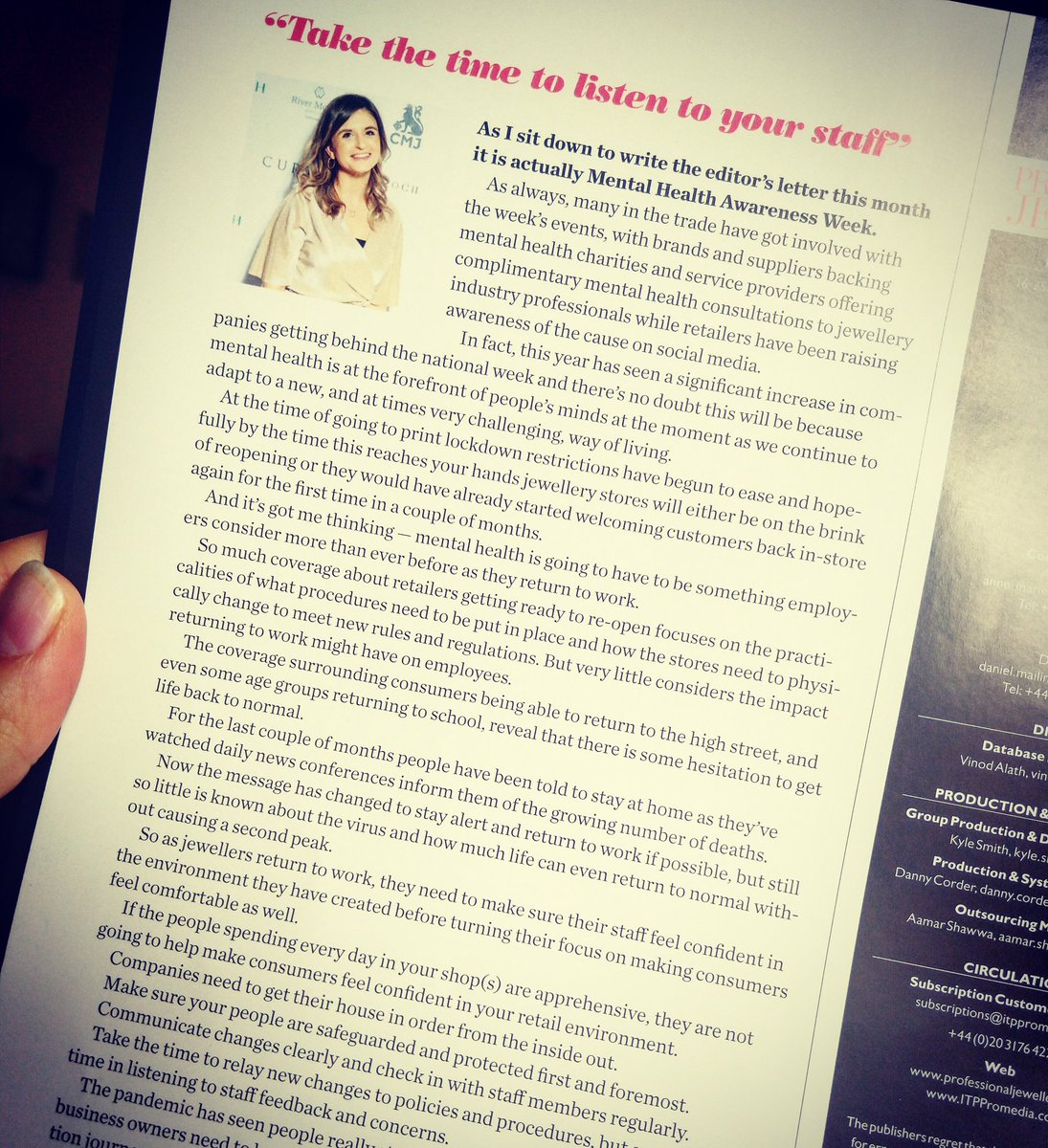 A brilliant editor's letter this month from <a href="/StaceyHailes/">Stacey Hailes</a> in <a href="/PJeweller/">ProfessionalJeweller</a> .... "If the people spending everyday in your shop(s) are apprehensive, they are not going to help make consumers feel confident in your retail environment". .... Take care of your staff. #mentalhealth