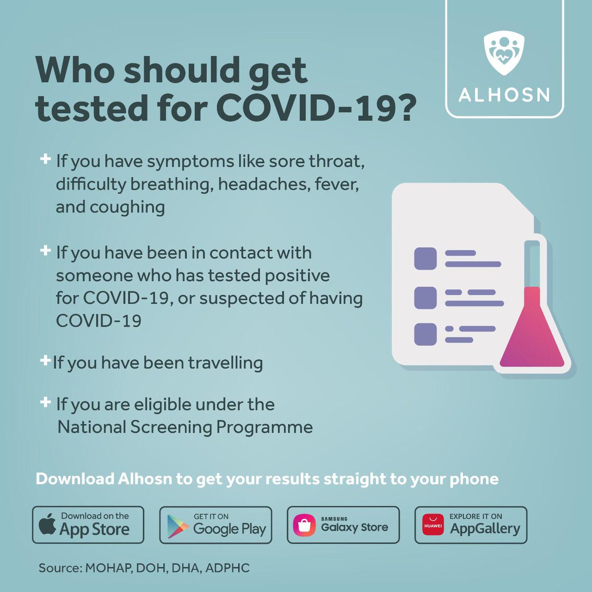Download Alhosn to get your COVID-19 test results straight to your phone. Remember to register for your Alhosn account with either the phone number linked to your Emirates ID or the one provided to the testing centres
<a href="/AlHosnApp/">Al Hosn App</a>
 #GreaterThanCorona
#ShieldedByAlhosn #Alhosnapp.