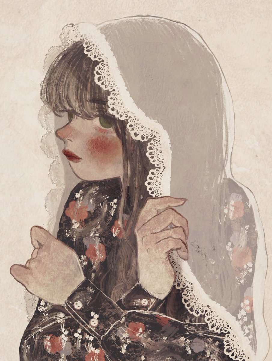 1girl solo upper body long sleeves veil hands up blush  illustration images