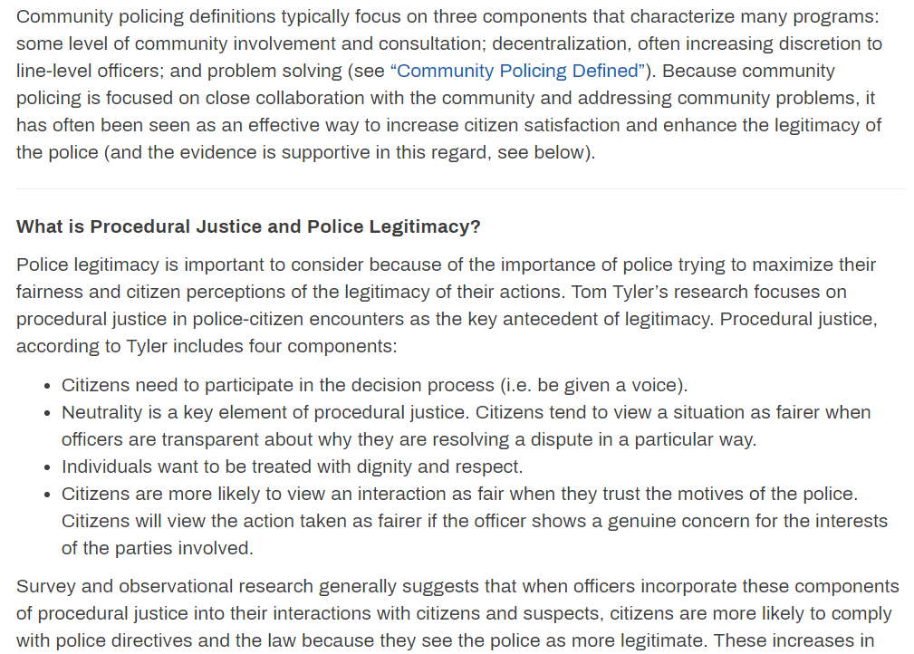 PROBLEM POLICECommunity partnerships of 90s were supplanted with fear and suspicion post 9-11Community policing "Police departments would benefit from an increased focus on strategies that promote positive police–public interactions." See https://www.pnas.org/content/116/40/19894