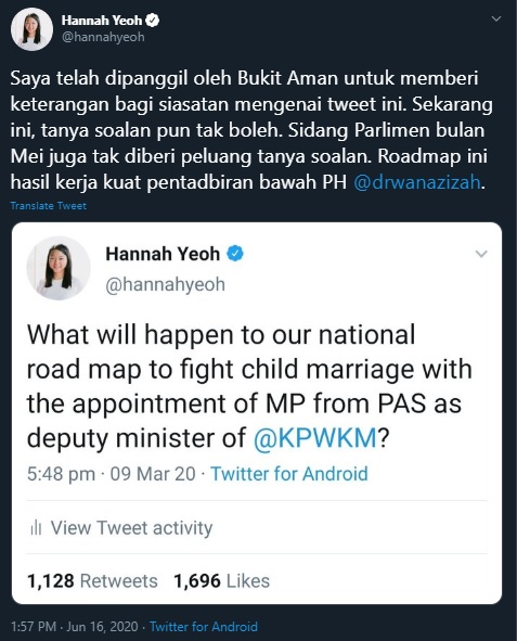 Bfm News On Twitter Dap S Segambut Mp Hannah Yeoh Says She Has Been Summoned By Bukit Aman For Questioning Over A Twitter Post In March Related To Child Marriage Https T Co Sy1vfzyani