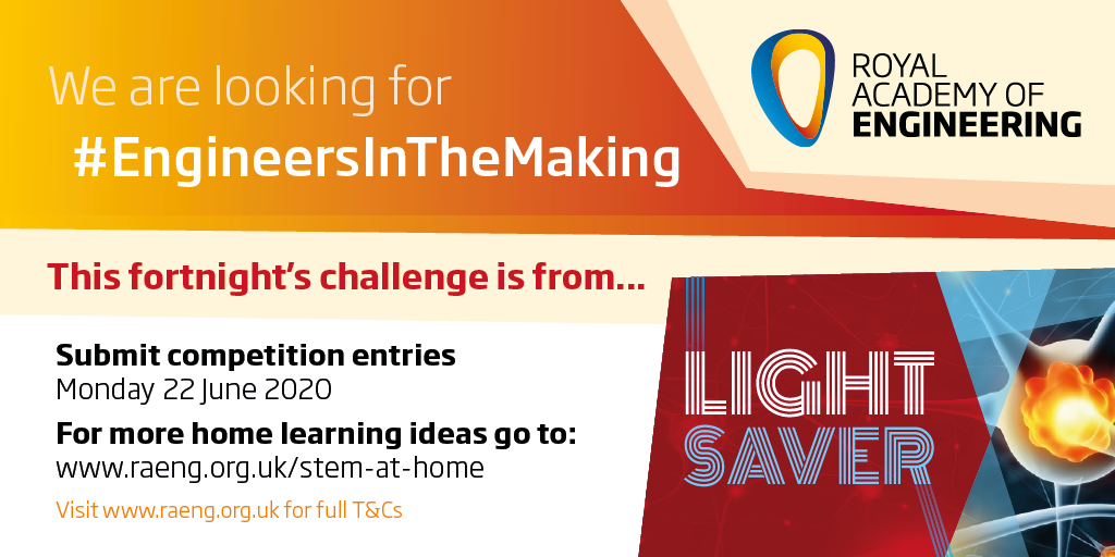EduRAEng's tweet image. We are looking for #EngineersInTheMaking! Did you know light is used by engineers and medics to save babies lives? This fortnight's challenge is from 'Light Saver'. Share your videos and images with us for a chance to win #STEMatHome prizes! stemresources.raeng.org.uk/stem-at-home/e…