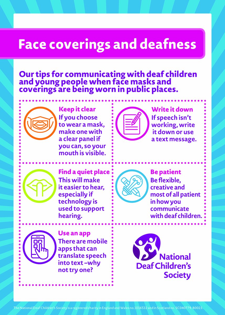 😷Face coverings needn't be a barrier to communication
👉Follow our top tips for communicating with #deaf children and young people.
👍and make sure we all remain included and safe during these new times
💜🦻
#facecovering #Facemask