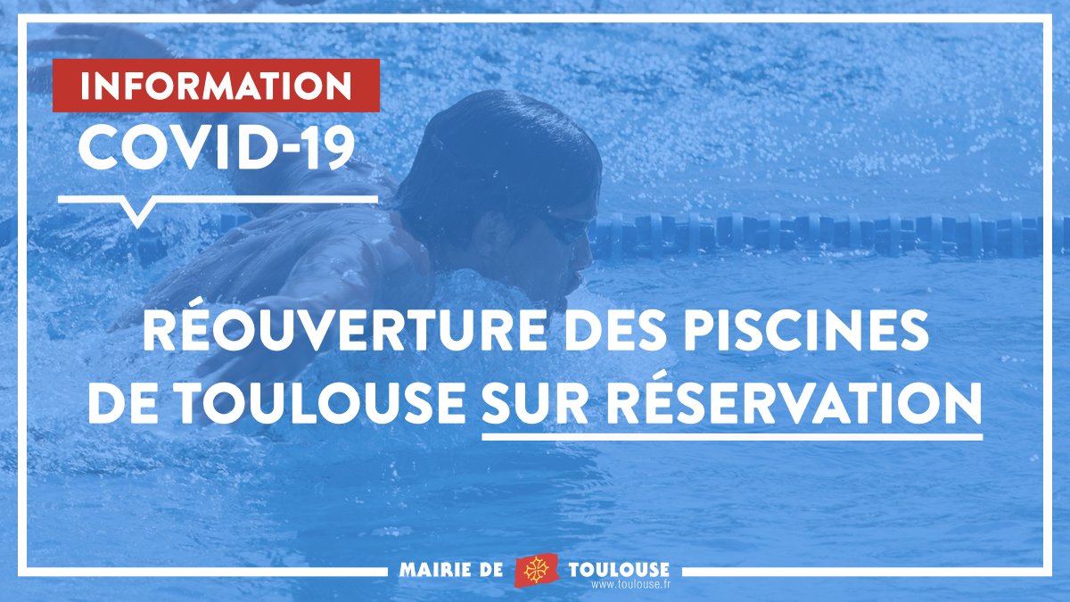 Toulouse's tweet photo. Les #piscines #Bellevue été, #AlexJany, #ToulouseLautrec, #Papus, #JOB, #Nakache été et #Castex vont rouvrir à compter du lundi 22 juin 2020, sur réservation de créneaux de natation d’1h30. Explications 👉🏼 https://t.co/sGULtl4dlF https://t.co/ie4nGcXu8n