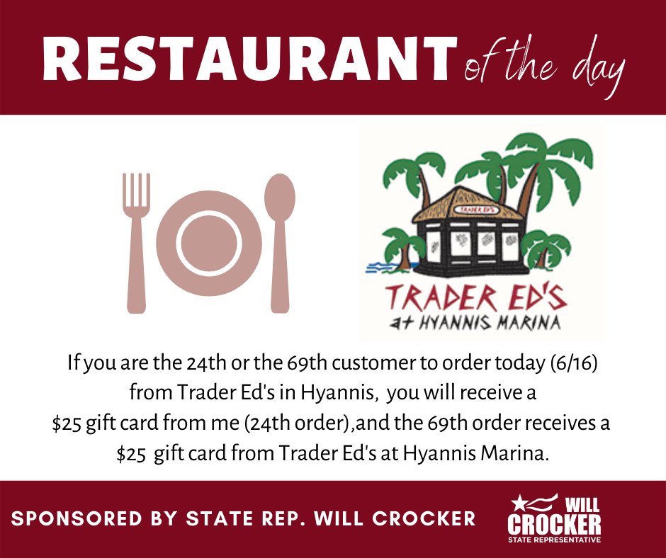 WillCrockerJr's tweet image. Today I challenge you to enjoy outdoor dining at Trader Ed’s - the Restaurant of the Day! If you are the 24th or the 69th customer to order today, you will get a $25 gift card for your next order!
#eatlocal #shoplocalcapecod #tradereds