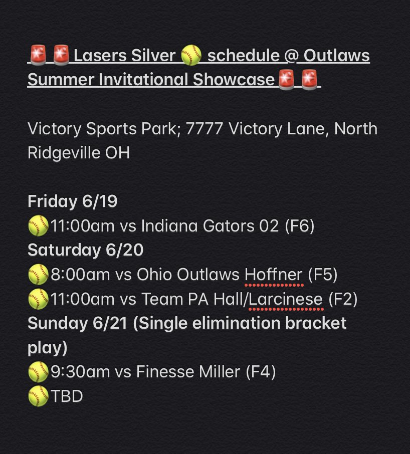 Ohio Lasers Orange 2023/2024/2025 grads 🥎 (@lasers_orange) on Twitter photo 🚨🚨Outlaws Summer Invitational Showcase this weekend. Looking forward to the great 🥎 competition!  <a href="/d1fastpitch1/">D1 Fastpitch</a> <a href="/OhioOutlaws/">Ohio Outlaws</a> 🚨🚨Outlaws Summer Invitational Showcase this weekend. Looking forward to the great 🥎 competition!  <a href="/d1fastpitch1/">D1 Fastpitch</a> <a href="/OhioOutlaws/">Ohio Outlaws</a>