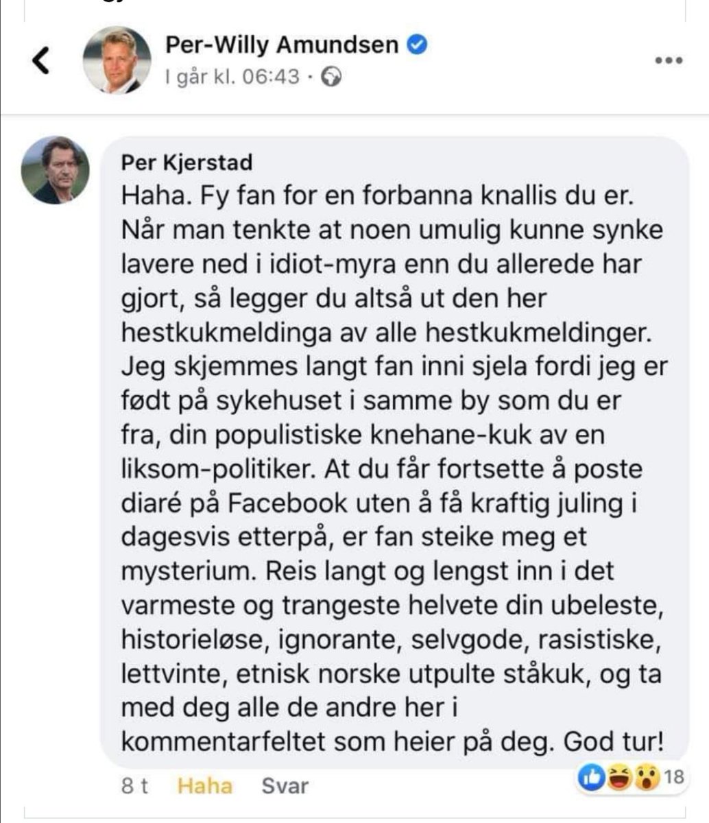 Han Per Kjerstad parkerer han Per-Willy så det søng langt nedi idiot-myra 😂👍.
(innlegget er et heidundrende, fantastisk svar til et Facebookinnlegg hvor Per-Willy konstaterer at  det ikke er etnisk norsk ungdom som utfører hærverk i hovedstaden).