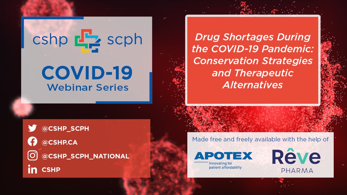 Join us Thursday at 1 pm EDT as <a href="/salkanji/">Salmaan kanji</a> presents #COVID19RX webinar titled "Drug Shortages During the COVID-19 Pandemic: Conservation Strategies and Therapeutic Alternatives." Register bit.ly/2MLtNew 
<a href="/OttawaHospital/">The Ottawa Hospital</a> <a href="/uottawa/">Université d'Ottawa | University of Ottawa</a>