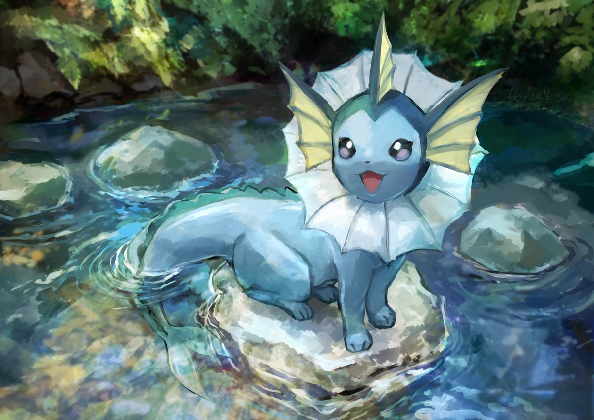 vaporeon no humans pokemon (creature) water open mouth solo smile outdoors  illustration images
