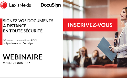 LexisNexisFr's tweet photo. [WEBINAIRE] Signez vos documents à distance, en toute sécurité. Découvrez comment #LexisPolyOffice #LexisPolyActe intègrent la solution #DocuSign® pour faciliter la gestion de documents. Rendez-vous le 23 juin à 11h #avocats #experts-comptables par ici = https://t.co/oNk9b9pUta https://t.co/WTSer6TKSx