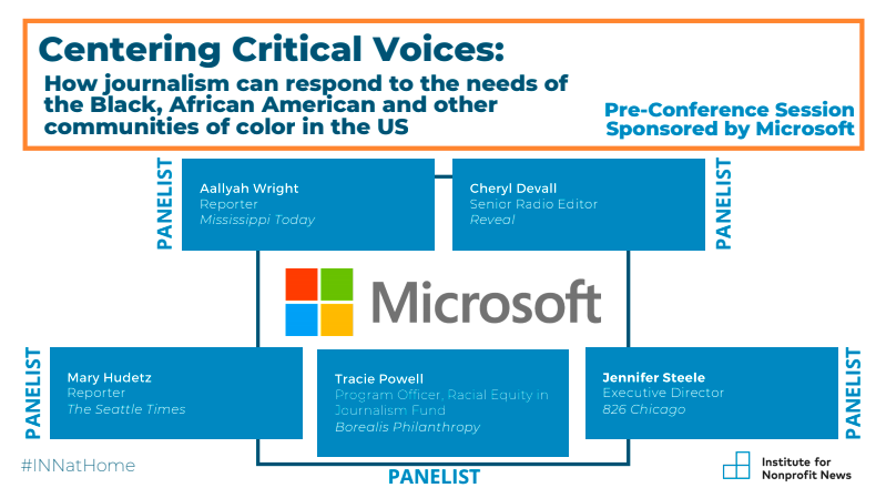 INN's tweet photo. Our pre-conference #INNatHome panel kicks off in 45 mins! Join leaders from @reveal, @MSTODAYnews, @seattletimes, @BorealisPhil and @826CHI as they discuss how journalism can respond to the needs of communities of color.

Don't miss this panel, sponsored by @Microsoft. https://t.co/4s93Y6TWAc