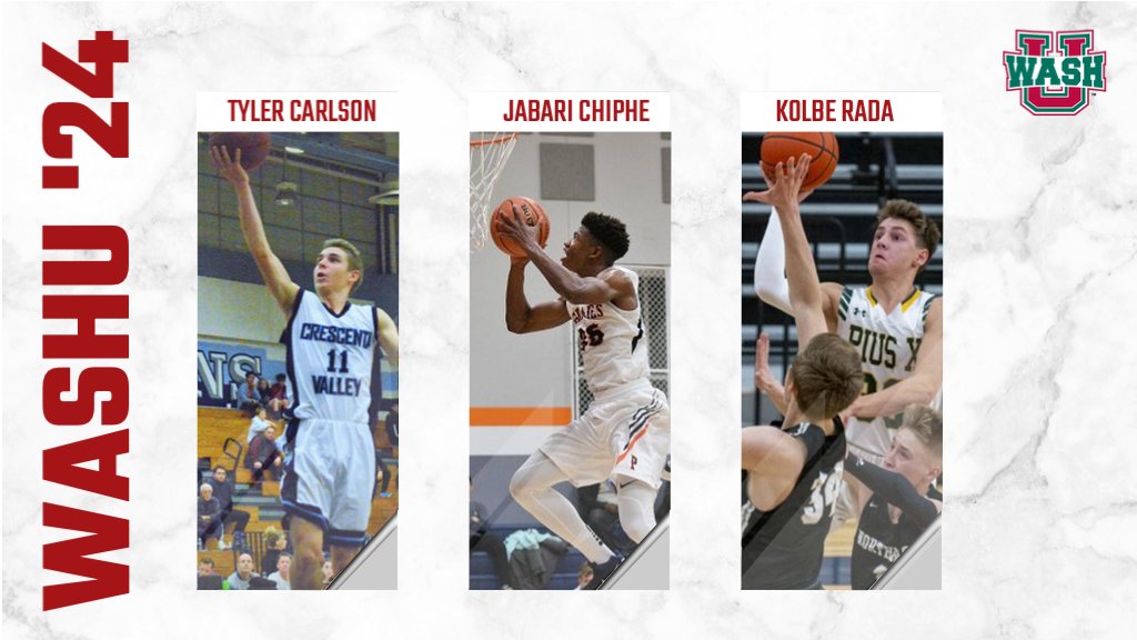 .<a href="/WashUBasketball/">WashU Basketball</a> welcomes three to Class of 2⃣0⃣2⃣4⃣!

🏀 Tyler Carlson - La Crescenta, Calif.
🏀 Jabari Chiphe - Chicago, Ill.
🏀 Kolbe Rada - Ceresco, Neb.

➡️ Release: bit.ly/2zzHn1E

#LetsGoWashU | #WashUTogether