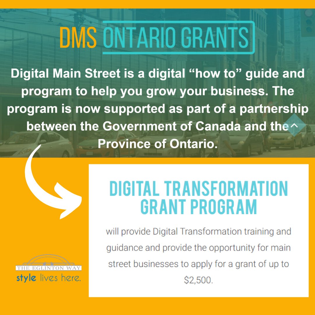 Digital Transformation Grants are back! Get $2,500 to take your business digital!

Applications open July 1st! Get ready: digitalmainstreet.ca/ontariogrants/

<a href="/CityofTO/">City of Thousand Oaks</a> <a href="/TABIANews/">Toronto Association of BIAs (TABIA)</a> <a href="/digital_mainst/">Digital Main Street ™</a> <a href="/OBIAA_/">Ontario BIA Association (OBIAA)</a> 
#EglintonWay #StylesLivesHere
#SmallBusinesses #SupportSmallBusinesses #ShopLocal
