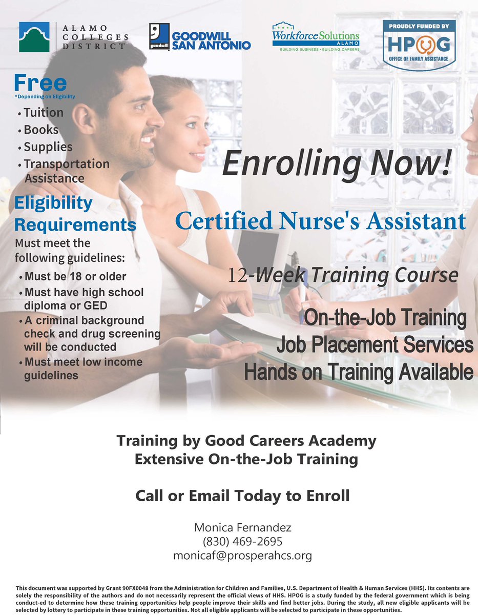 Interested in a Certified Nurse’s Assistant training program where you will receive hands-on training and job placement services afterwards? For more info, use the contact info seen on the picture.
This program is in partnership with the organizations seen on the flyer.