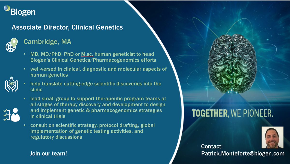 We are hiring a Head of Clinical Genetics in my group @Biogen! Come and help us translate &amp; operationalize exciting research insights into trials and therapies based on human genetics jobs.smartrecruiters.com/Biogen/7439997…