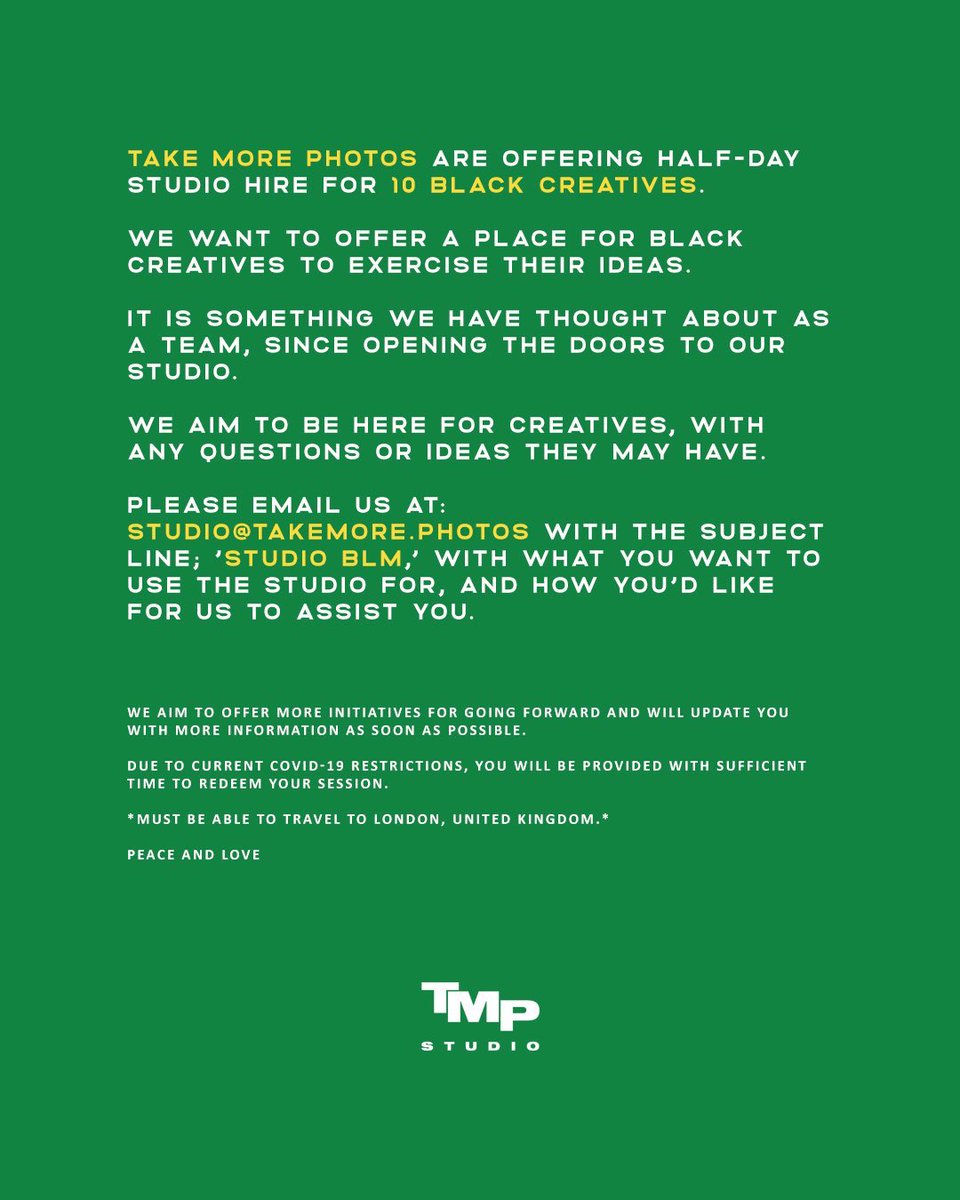 Take More Photos are giving away half day studio hires to 10 black creatives for free to bring their ideas to life 📸💡