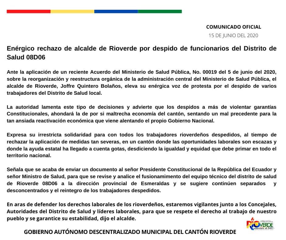 RioverdeDe's tweet photo. Enérgico rechazo del alcalde de #Rioverde, #JoffreQuinteroBolaños por despido de funcionarios del Distrito de Salud 08D06 y fusión hacia la #DirecciónProvincial. https://t.co/xgZkqVapcC