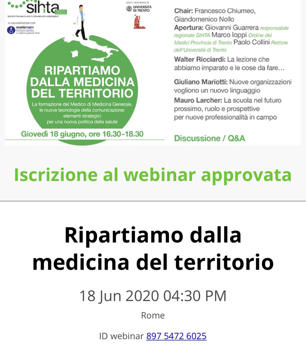 Segnalo un’ottima iniziativa <a href="/SIHTA_Italia/">SIHTA_Italia</a>: “Ripartiamo dalla Medicina del Territorio”

📣 webinar su formazione del MMG, nuove tecnologie di comunicazione ed elementi strategici

🕠 giovedì 18 giugno ore 16.30-18.30

➡️ iscrivetevi us02web.zoom.us/webinar/regist…