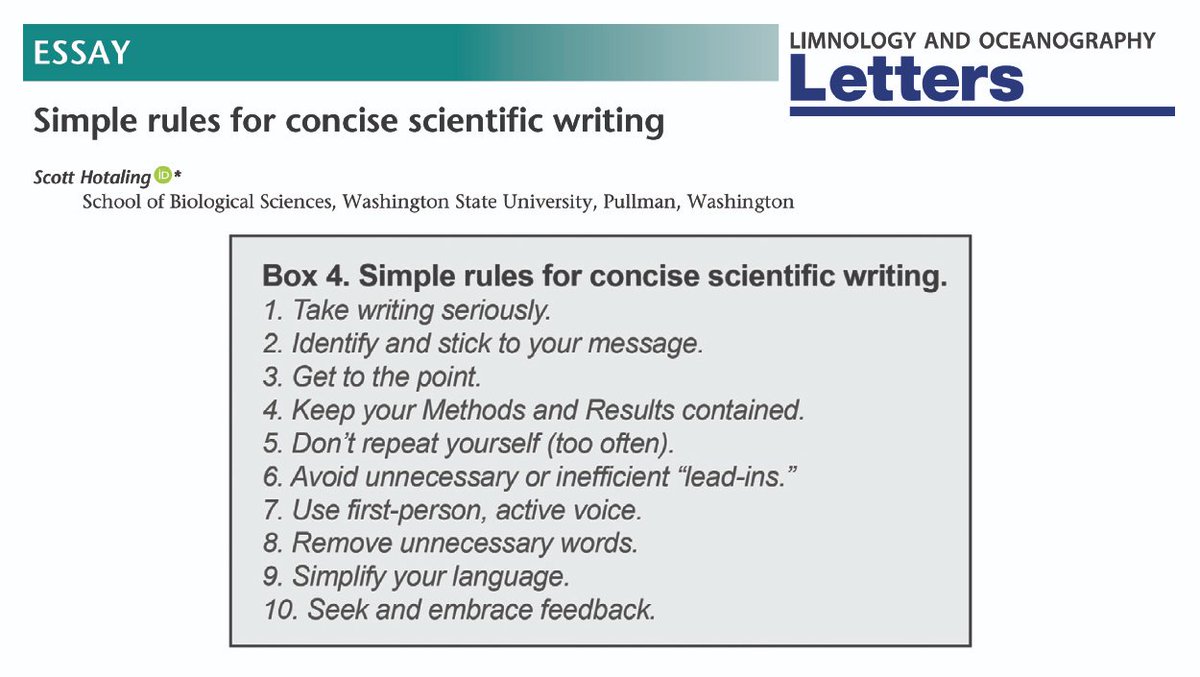 Writing is hard. Writing concisely is especially hard yet it’s a crucial skill for scientists to develop. This past winter, I wrote a paper to help: “Simple rules for concise scientific writing” It’s now out and  #OpenAccess:  https://aslopubs.onlinelibrary.wiley.com/doi/full/10.1002/lol2.10165A thread... 1/18