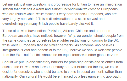 On Brexit, Munira Mirza talks herself into circles to justify her pandering to whiteness, using her ancestry to pit EU and non-EU immigrants against each other...conveniently forgetting the power dynamics between the UK and the EU, and the British Empire and the Global South.