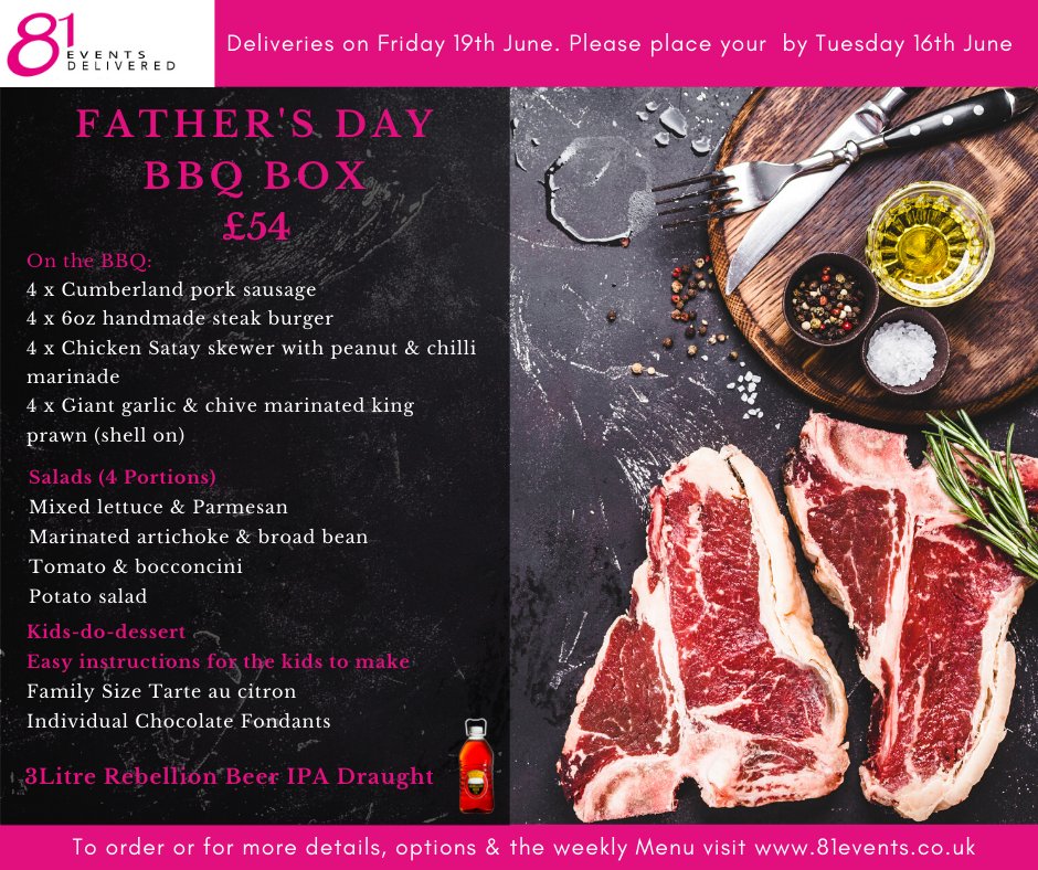 81eventsltd's tweet photo. LAST CHANCE TO ORDER YOUR FATHERS DAY BBQ BOX. The box includes everything you need for the perfect fathers day. Order online here: https://t.co/FbSxrGWOKb #FathersDay #Fathers #Dad #81EventsDelivered #BBQ #BBQBox #Meat #Salad #Dessert #Beer #Rebellion #Local #Delicious #Present https://t.co/29BEsaMLnT