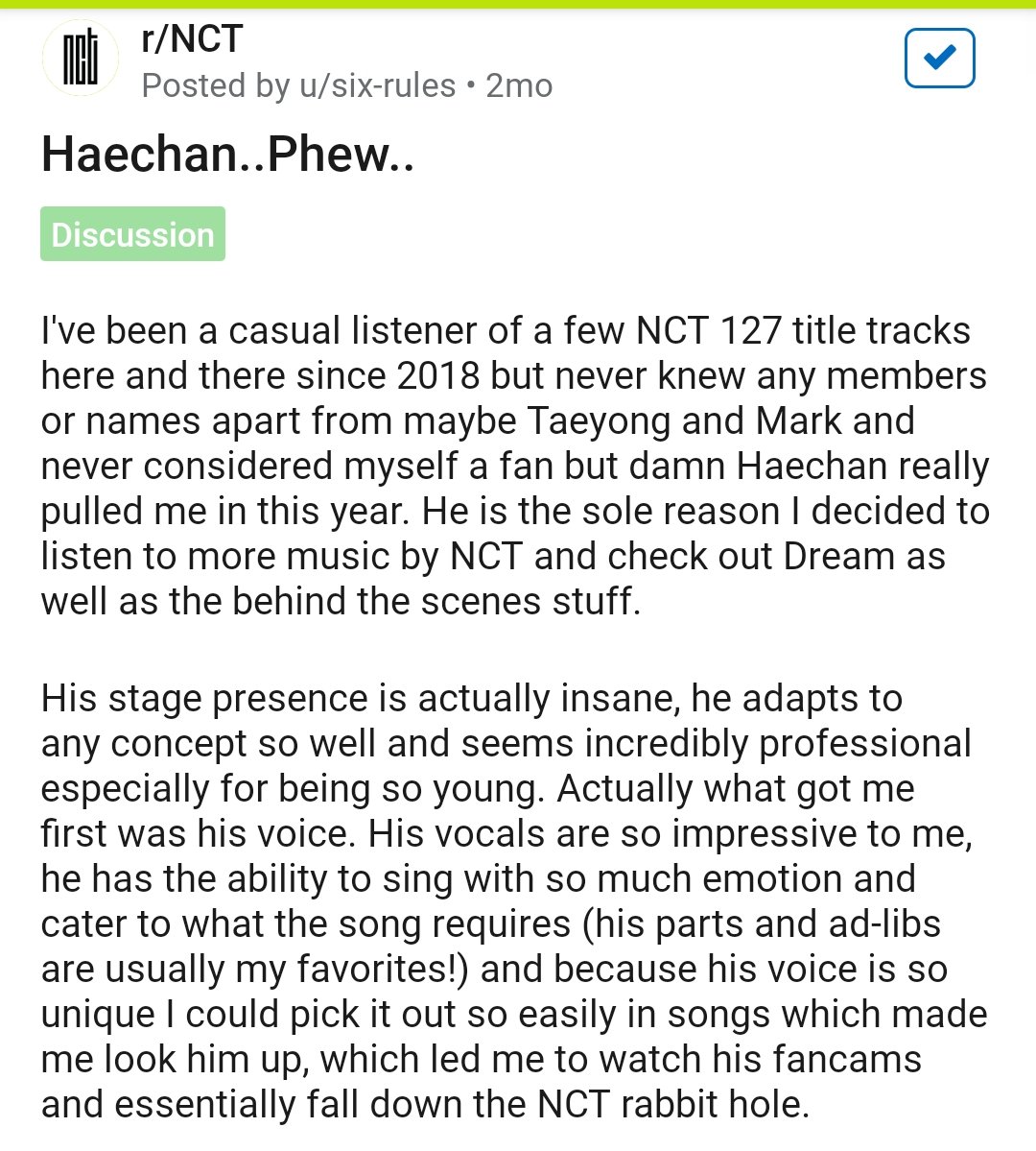 "i can't believe ive been missing out all this time. haechan was truly born to be on stage."