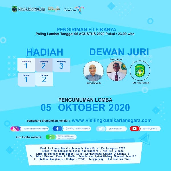 Visitor!

Tetap semangat di Era New Normal 😊😇

Asah kemampuan dan kreatifitas anda dengan mengikuti Lomba Desain Souvenir Khas Kutai Kartanegara! Simak cara lomba beserta syarat dan ketentuannya ya 😍

#lombasouvenir
#khaskutaikartanegara
#desainsouvenirkukar
#eranewnormal