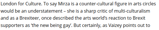 As she waved her Brexit flag for Boris' approval, Munira Mirza recounted her very hard experience of coming out as pro-Brexit to the Arts circles. She described this as "the new being gay"...a statement evoking more questions than a game of Guess Who."are they a clown?" 