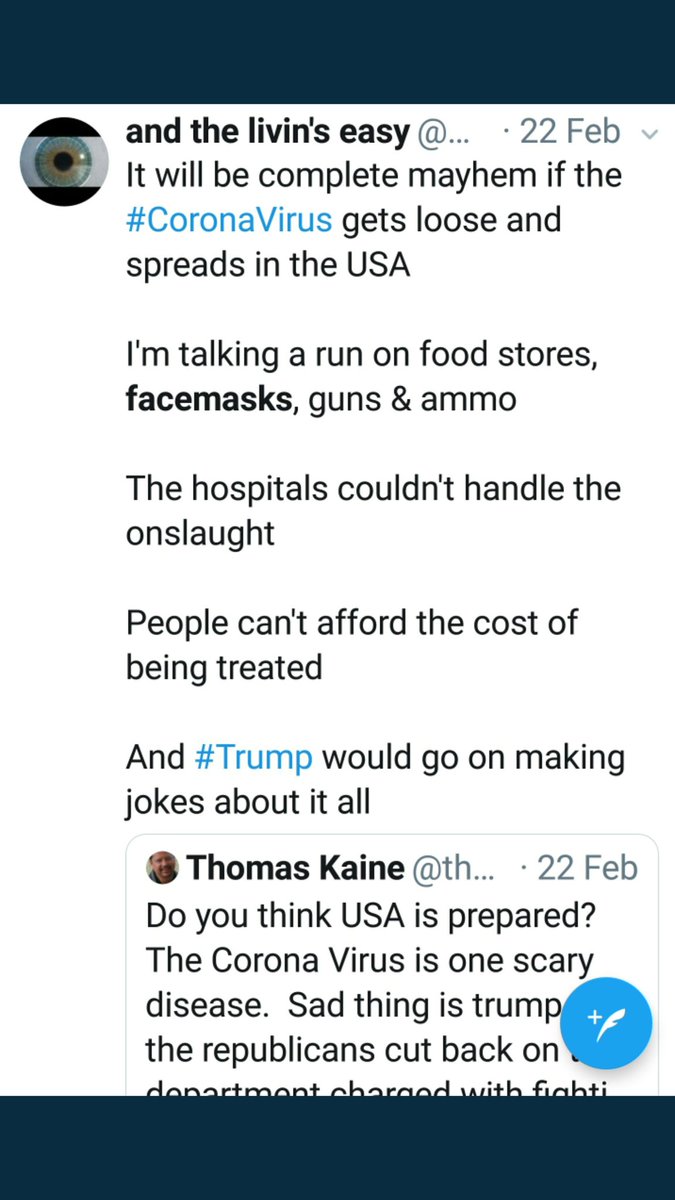Adding to my threadI KNEW itI tweeted back in Feb that every1 should get a facemask, disinfectant & canned goods bc the  #CoronaVirus was coming #Pompeo gave China 18 tons of  #Masks &  #PPE in Feb #Trump didnt prepare the medical field nor us for it https://twitter.com/CheriJacobus/status/1272749420606566402?s=19