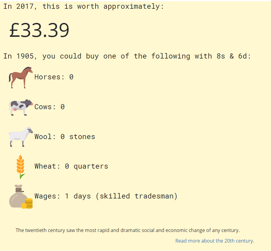 Fred was up before the beak in 1907 for cycling around at 11.30pm without lights! Fined 8s 6d. Which is in todays money. Hang on.......Wow! You could get a plumber round for £33!Calculator is at the National archives :) https://www.nationalarchives.gov.uk/currency-converter/#currency-result #inflation