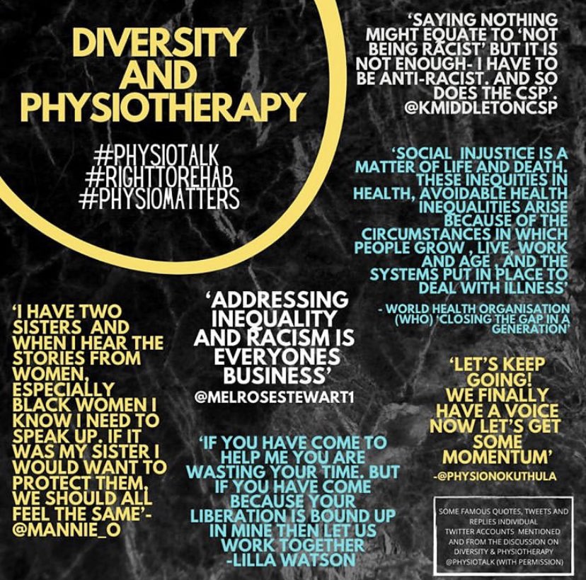Lack of diversity in Physiotherapy is a continuing problem in the profession. Here are a set of infographics that I made suggesting ways that we could start to change. (A thread-twitter only lets me post 4 pics at a time).