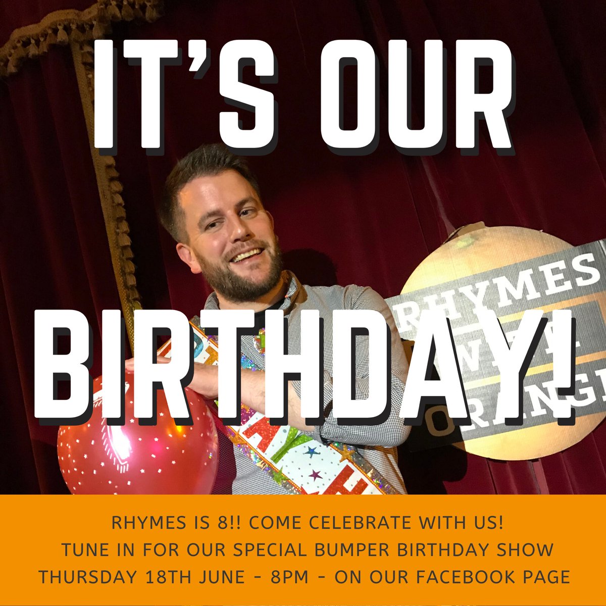 Don’t forget! This Thursday at 8pm on our Facebook page we’ll be celebrating 8 years of Rhymes. We have a bumper line up of poets over the years for your poetry pleasure - we can’t wait! Add it to your lockdown diaries and we’ll see you there! 🍊🧡🍊🧡🍊