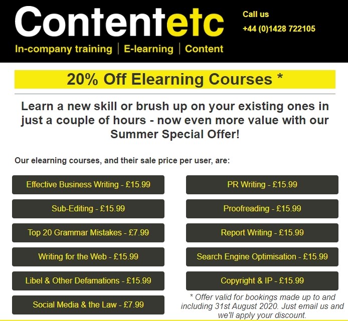 Elearning Summer Special!
Learn a new skill or brush up on your existing ones for just £15.99.
#training #elearning #writingskills #editorial #mediatraining #reportwriting 
bit.ly/2Y5EhMj