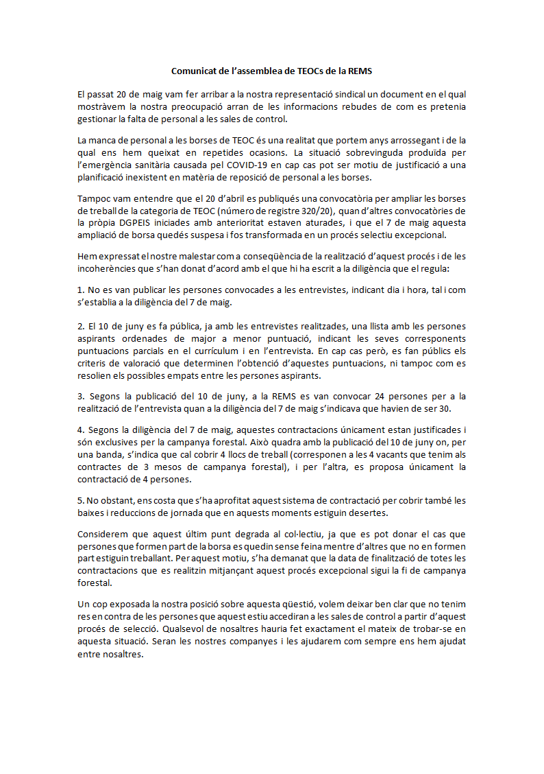 Comunicat de l'assemblea en relació al procés de contractació excepcional d'aquest any