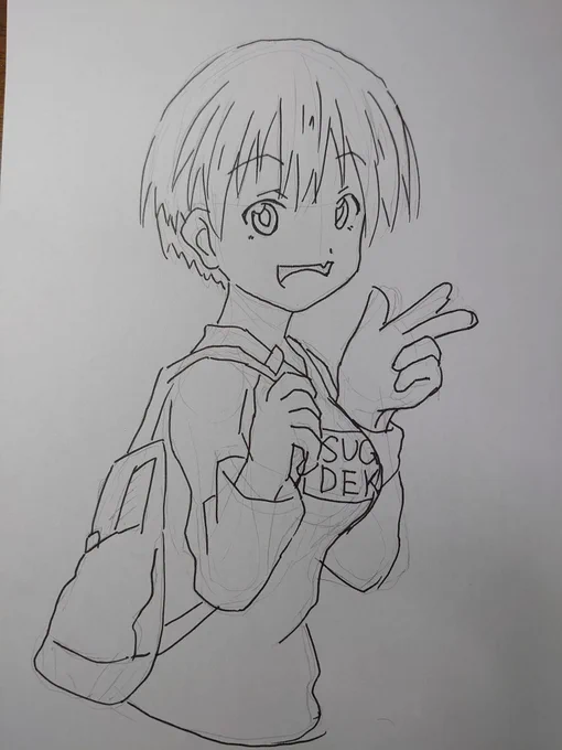 #皆さんラフと完成絵を見せてください#宇崎ちゃんは遊びたい①鉛筆下描きを筆ペンでザックリと②それを修正しながら鉛筆でトレス③ペン入れ④コピックで着色馬鹿みたいだけど、鉛筆描き→ペン入れの工程を2回やってます(^^; 