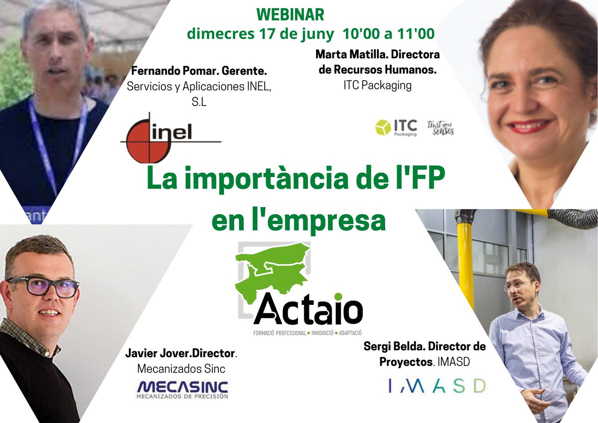📡"La importància de l'FP en l'empresa". 4 Empreses ens parlen sobre #treball #formacióprofessional #oportunitats laborals. 👉💻17 de juny. Webinar
<a href="/inelsl/">inel</a> 
<a href="/ITC_Packaging/">ITC Packaging</a> 
Mecanizados Sinc
<a href="/ImasdSL/">Imasd, S.L.</a> 
<a href="/coeval/">Christian Hesse</a>
<a href="/IBIAE/">IBIAE</a> 
<a href="/fedac_es/">FEDAC</a> 
 
Inscripcions: actaio.ajuntament-ontinyent.es